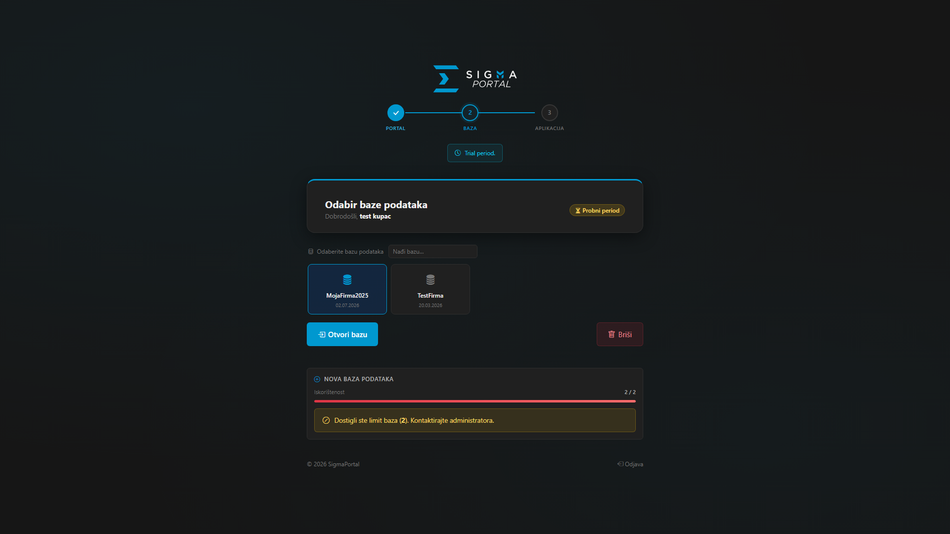 SigmaPortal — odabir baze podataka